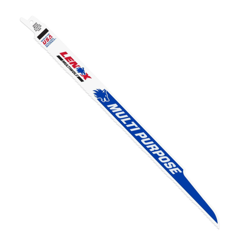 The LENOX Bi-Metal 12 in. Reciprocating Saw Blade (5-Pack) features white blades with blue accents and MULTI PURPOSE text alongside the LENOX logo in blue and red, incorporating POWER BLAST TECHNOLOGY. Made in the USA, the blades toothed edge ensures versatile use.